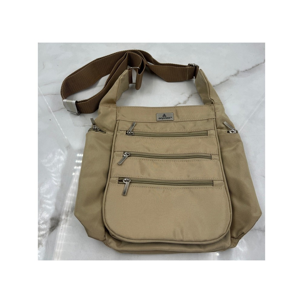 Organizzi Tan Nylon Multi Pocket Crossbody Bag Travel Messenger Khaki Beige